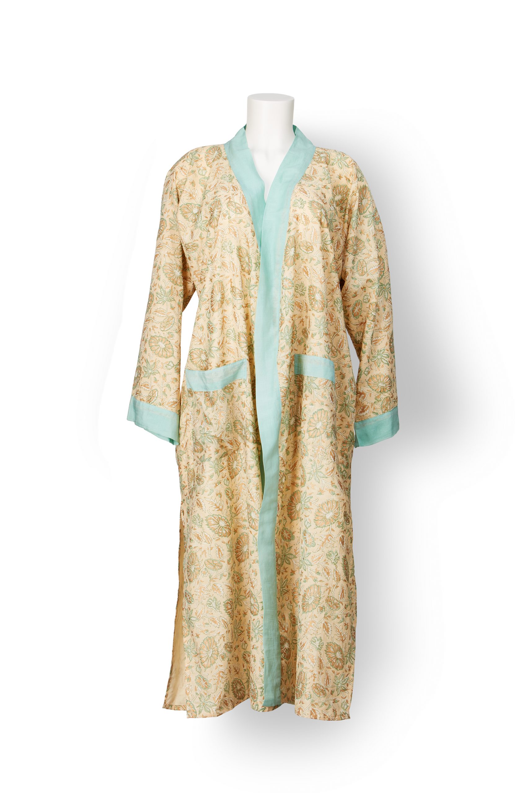 Kimono Silk/Cotton – Beige, Seagreen & Gold | The Blockprint Tree